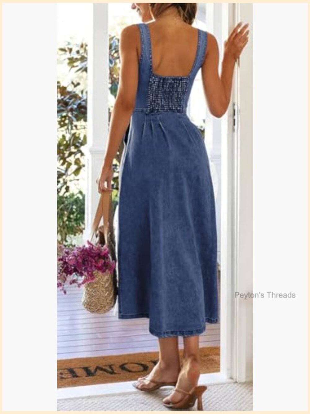 Stretchy Smocked Denim Dress Sleeveless Button Down Midi Babydoll Jean Dress - Picture 2 of 6